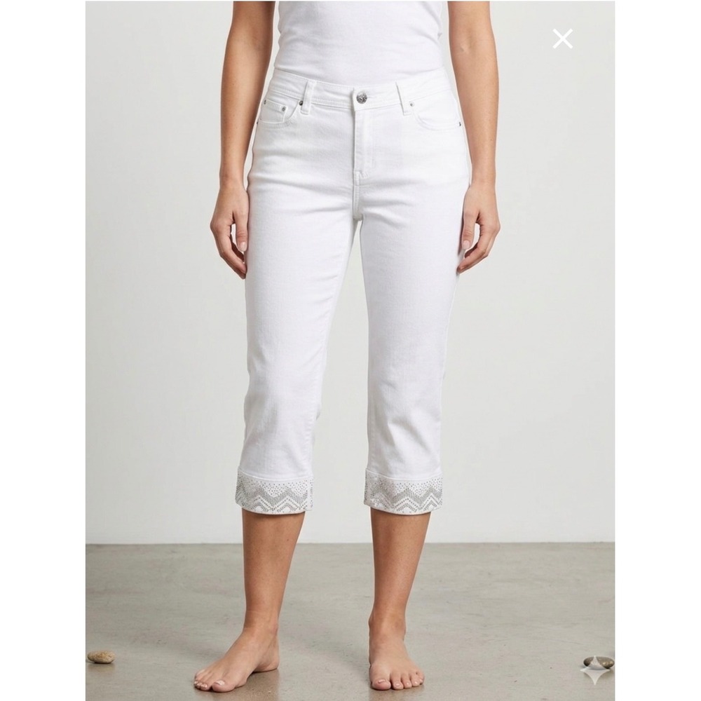 Baccini Capri Pants Women 14 White Denim Rhinestone Cuff Embellished Cropped Y2K